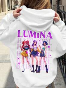SHEIN Leap Crew 白色韩流卡通少女肖像休闲舒适加厚柔软长袖卫衣，适合秋冬季日常穿着、外出、街头风、校园穿搭。 - 白色 - 查看 5