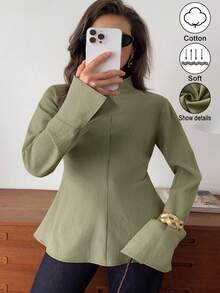 Elenzga 女士织造的优雅大码通勤秋季衬衫 - 軍綠色 - 查看 3