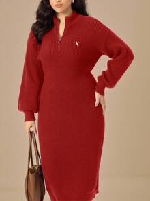 SHEIN LUNE 大码女式针织毛衣连衣裙，纯色针织海马图案，秋冬季休闲百搭，适合圣诞节、万圣节、返校季等场合。 - 紅色 - 查看 3