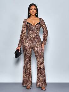SOLERSUN Elegancki damski kombinezon z nadrukiem w panterkę, kwadratowym dekoltem, koronką i odkrytymi plecami, z długim rękawem, seksowny, jesienno-zimowy (losowy kwiatowy wzór) - Brązowy - Zobacz 4