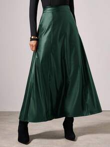 COSMINA 女士优雅高贵PU皮长裙，适合工作通勤、秋冬季穿着 - 墨綠色 - 查看 5