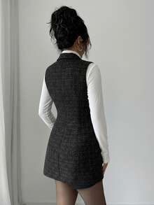 Elenzga Áo khoác nữ cổ bẻ, hở trước, ve kẻ caro, không tay, mùa thu/đông - màu đen - Xem 2