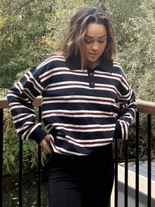 RebeccaVibe Women's Autumn Retro Striped Turtleneck Sweater - Navy Blue - View 5