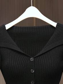 GlowEve 女士小众黑色翻领收腰修身细罗纹纹理长袖开衫，百搭日常穿着和户外活动，适合春秋季节 - 黑色 - 查看 3