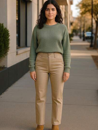 Pantalón gabardina mujer corte recto bolsillos frontales diseño moderno ajuste cómodo estilo casual elegante figura favorecedora ideal para el día a día look versátil material resistente suave transpirable tejido gabardina premium.