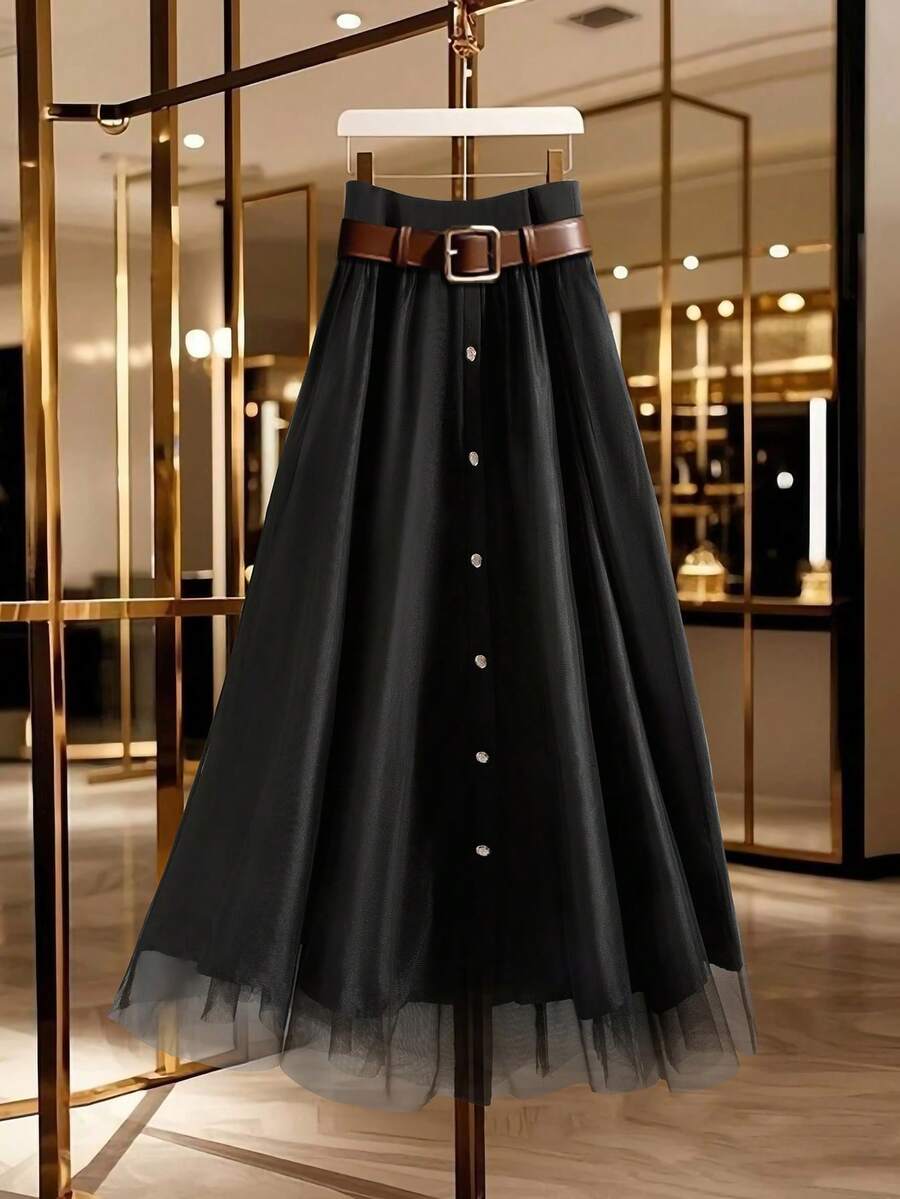 GlowEve CURVE 大码优雅复古舒适高品质修身简约百搭半身裙 女式半身裙 长裙 系带半身裙 优雅半身裙 黑色半身裙 长裙 中长系带半身裙 - 黑色 - 查看 1