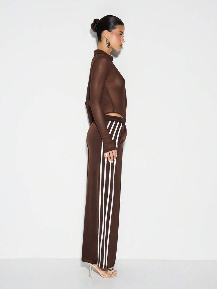 KIZN Pantalon de jogging en satin pour femmes avec détails de rayures latérales, taille haute, jambes larges, pantalon palazzo