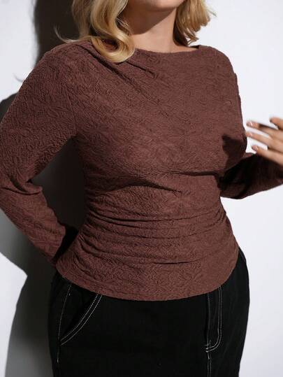 Maija Plus Size Brown Textured Semi-Sheer Casual Blouse, Fashionable & Versatile; Comfortable, Elegant, Casual, Simple For Daily Wear, Essential, Holiday Leisure, Appropriate, Single Lady, Elegant Fashion Business Casual Outerwear Top