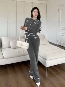 Feyla 2pcs Women Contrast Color Block Button Front Pocket Long Sleeve Top And Pants Set 2 Pieces Set In Fall/Winter - Dark Grey - View 5