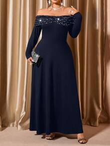 Cravure Vestido elegante de hombros descubiertos para mujer de talla grande, adecuado para fiestas y citas - Azul Marino - Ver 6