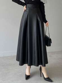 DAZY Women's Elegant High Waist A-Line PU Leather Skirt, Suitable For Commuting - Black - View 1
