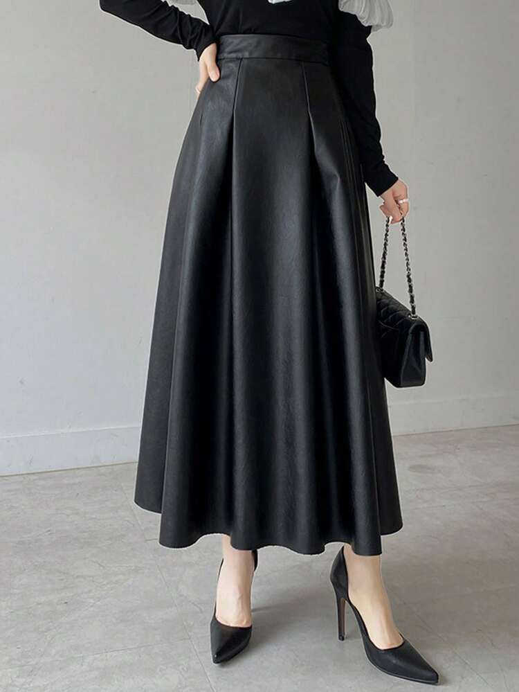 Women's Elegant High Waist A-Line PU Leather Skirt, Suitable For Commuting