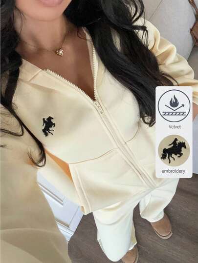 SHEIN EZwear Women's Autumn/Winter New Style Sports Casual Home Basic Casual Yellow Zipper Open-Front Hoodie With Embroidered Pattern And Sports Sweatshirt And Pants Two-Piece Set Tracksuit Women Set