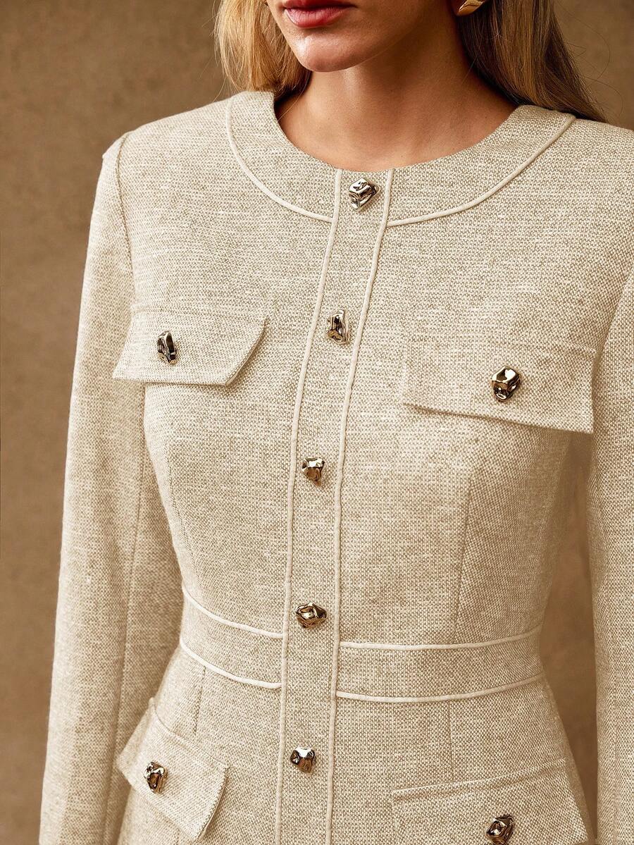 MOTF PREMIUM WOOL BUTTON FLAP DETAIL FOLD PLEATED HEM WINTER SHORT DRESS - Apricot - View 2