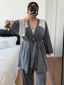 SHEIN Plus Size Delicate Lace Patchwork Tie-Up Camisole Top & Pants And Belted Robe Set, Winter Clothes - Grey - View 6
