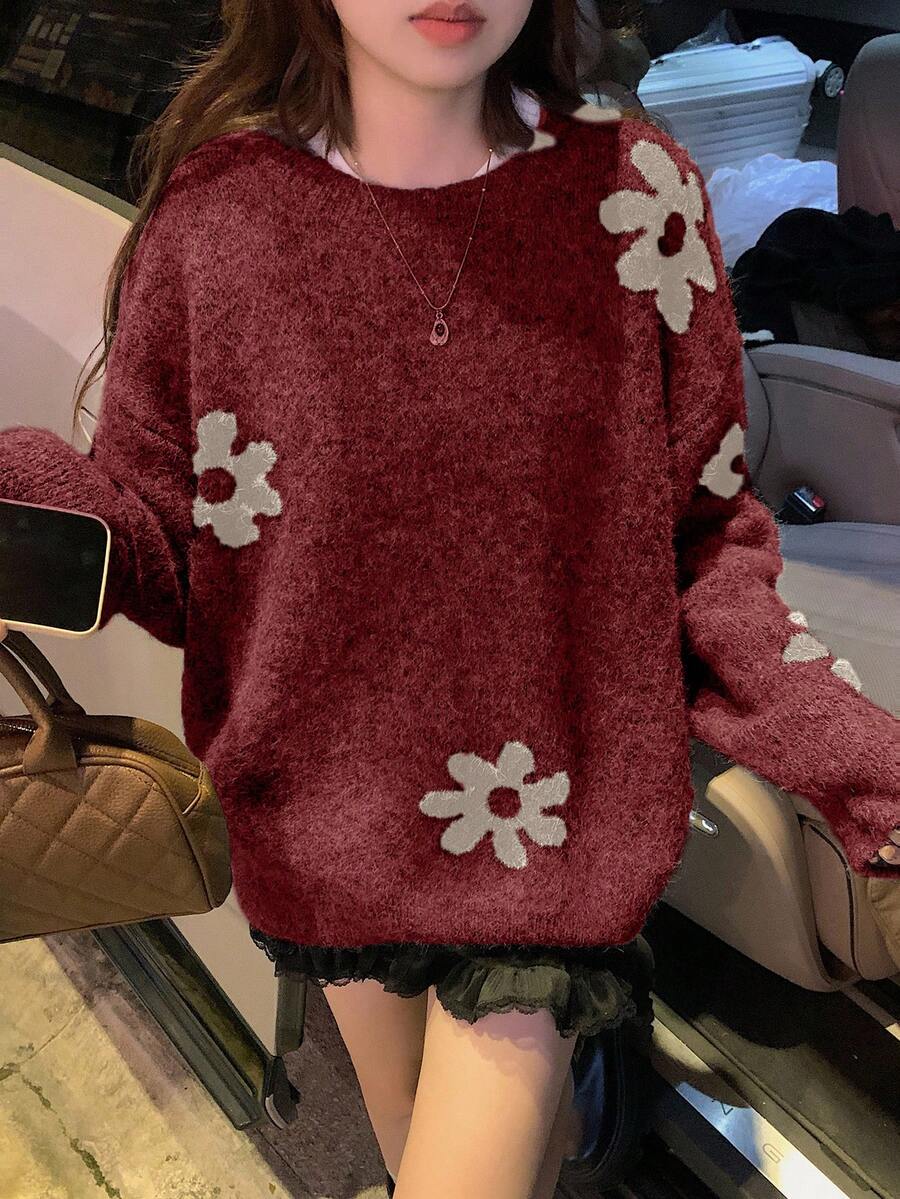 DAZY 女士印花宽松圆领休闲毛衣 - 酒紅色 - 查看 1