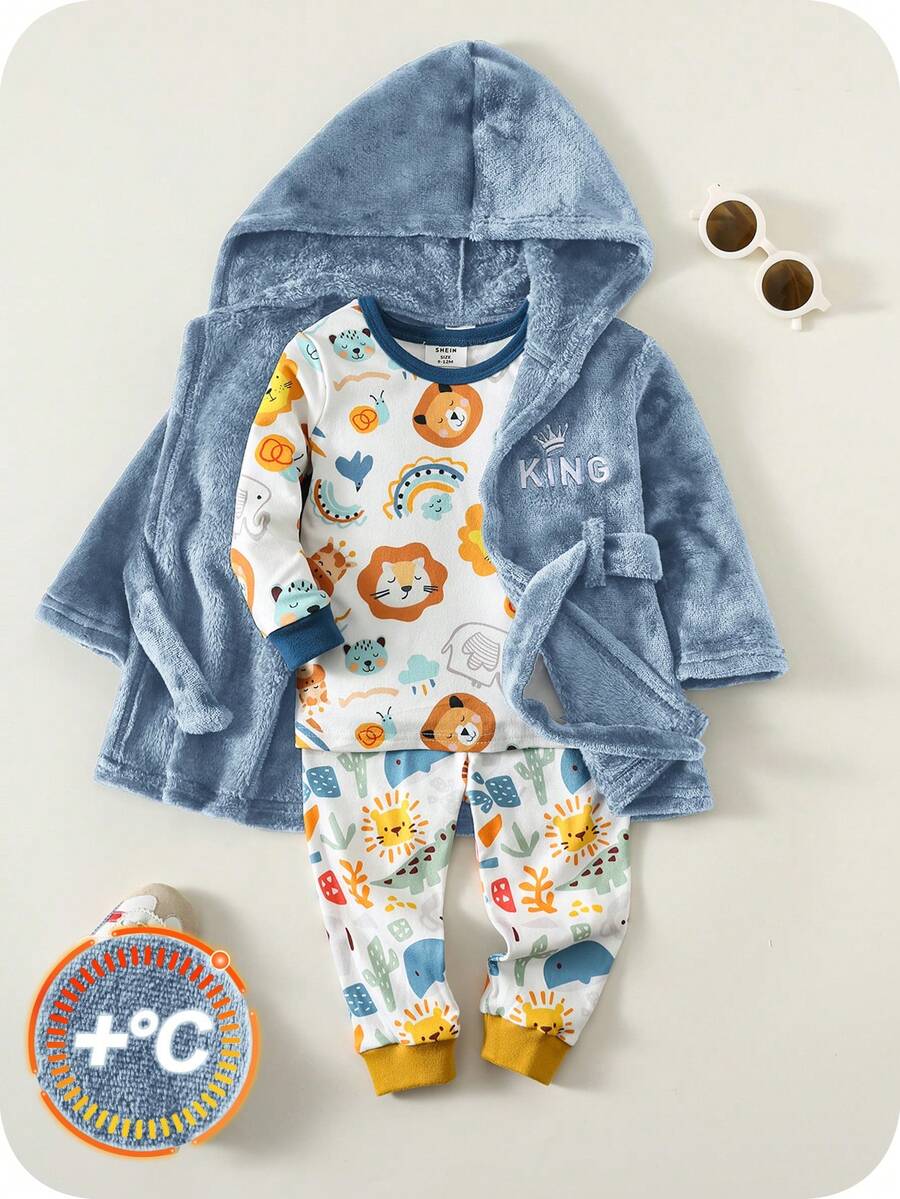 SHEIN Newborn Baby Boy Cute Fluffy Letter Pattern Blue Hooded Robe Sleepwear - Dusty Blue - View 1