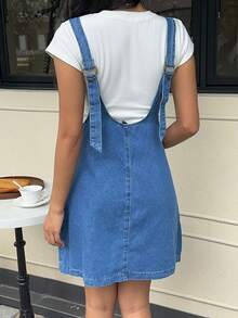 K-Vae Váy ngắn ôm sát không tay bằng vải denim dành cho nữ, màu xanh thường ngày - Rửa trung bình - Xem 2
