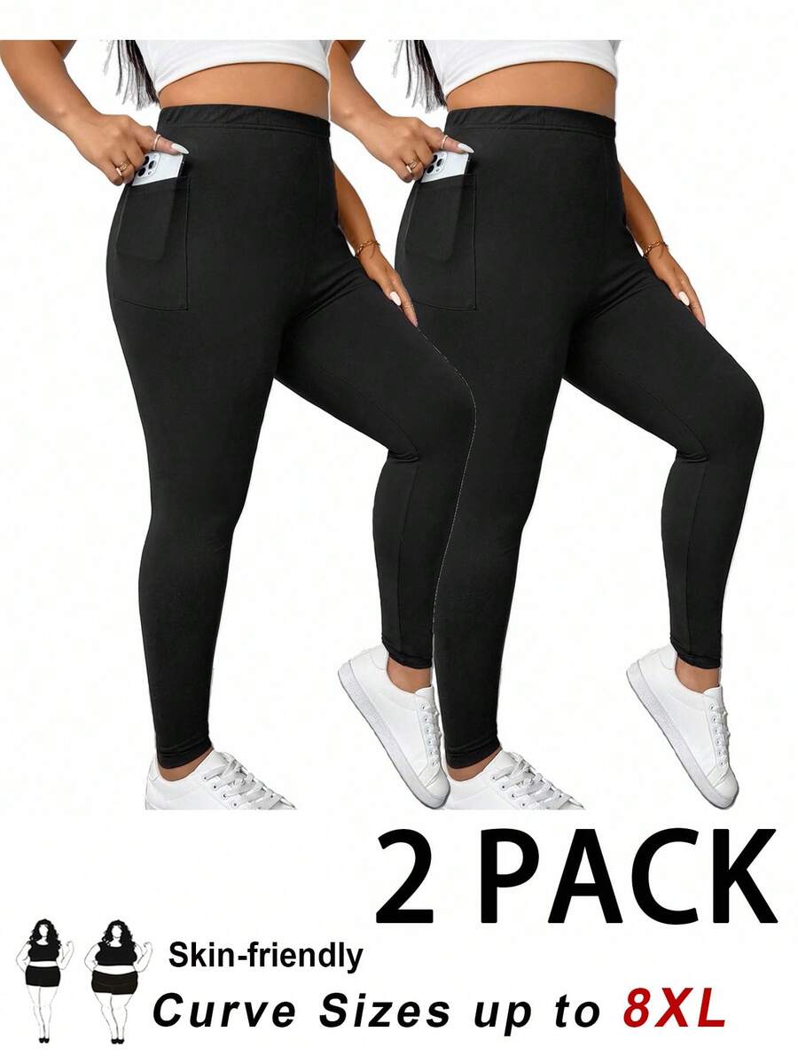 SHEIN CURVE+ 2条装加大码女式紧身裤，黑色带口袋紧身裤，瑜伽打底裤，舒适紧身裤，女士秋季服装，女士休闲跑步裤 - 黑色 - 查看 1