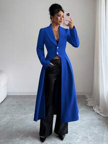 Rafferiza Women's Elegant Vintage Cinched Waist Front Slit Maxi A-Line Coat, Autumn/Winter - Royal Blue - View 3