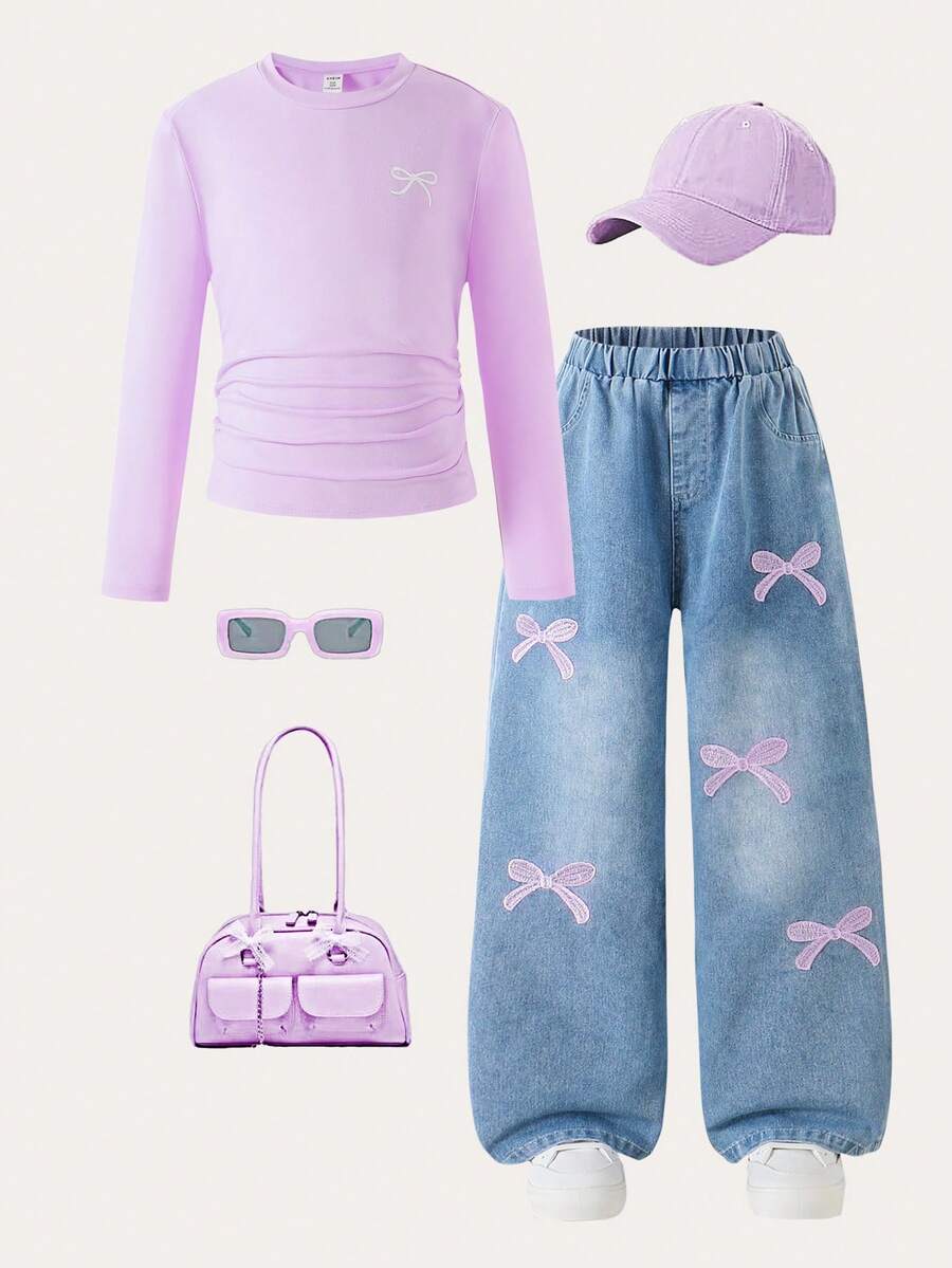 Zweiteiler für Mädchen im Teenager-Alter, burgunderrotes Langarm-T-Shirt mit Schleifen-Muster und Schleifen-Dekor sowie bestickter Schleifen-Jeans, lässiger Anzug für den Alltag, Reisen, Urlaub, Herbst/Winter, Halloween - Violett - Übersicht 1