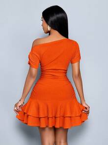 SOLERSUN Women's Elegant Party Daytime Apricot Knitted Asymmetrical Neck Neck Long Sleeves Gathered Double Ruffle Mini Dress - Orange - View 2