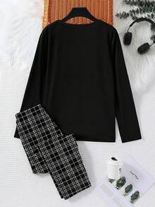 青少年男童休闲字母印花长袖T恤和格子裤宽松舒适睡衣套装 - 彩色 - 查看 2