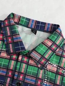 ROMWE MEN Street Life Men's Shirt With Rhinestone Plaid Pattern, Long Sleeve, Streetwear American Style - Blue - View 5