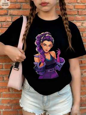 1pc Cute Kpop Girl Print Loose Fit Black Short Sleeve Top, Suitable For Tween Girls, Versatile For Spring, Summer, Autumn, Winter, Great Christmas Gift For Girls