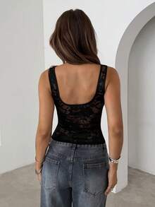 Aloruh Women's Sexy Knotted Solid Black Crew Neck Lace See-Through Camisole,Tank Top - Black - View 2