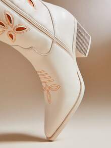 SHUZIA 时尚女士白色橙色仿皮PU杏仁头刺绣西部风牛仔过膝长靴粗跟套穿式牛仔竞技舞蹈假日秋冬鞋 - 橘色 - 查看 9