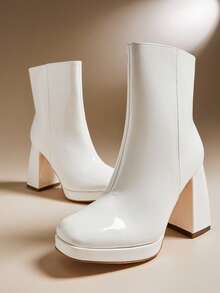 SHUZIA 女士舒适方头漆皮PU拉链厚底踝靴 - 白色 - 查看 2