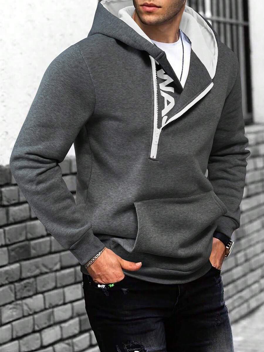 Manfinity Homme 男士字母印花拉链半开襟长袖口袋休闲连帽衫 - 深灰色 - 查看 1
