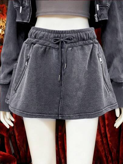 INAWLY 女士复古水洗抽绳腰迷你裙