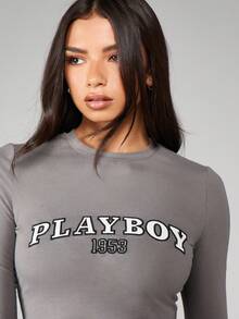 Missguided x Playboy 1953 修身长袖露脐上衣，圆领设计，采用柔软针织面料，适合日常休闲穿着。 - 灰色 - 查看 6