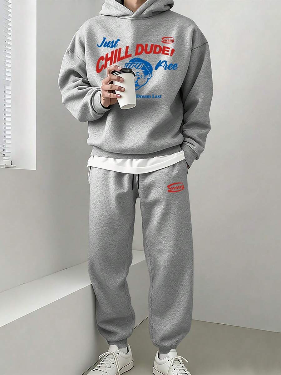 Chillumni 两件套“放松一下，老兄！”“放松自在”卡通男童休闲印花保暖连帽卫衣和慢跑裤套装，休闲经典灰色连帽衫和抽绳裤套装，时尚秋季装扮