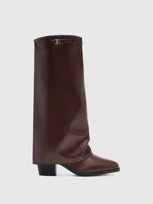 CUCCOO BIZCHIC 女士咖啡色方头粗跟高筒靴，简约通勤风过膝靴 - 棕色 - 查看 2