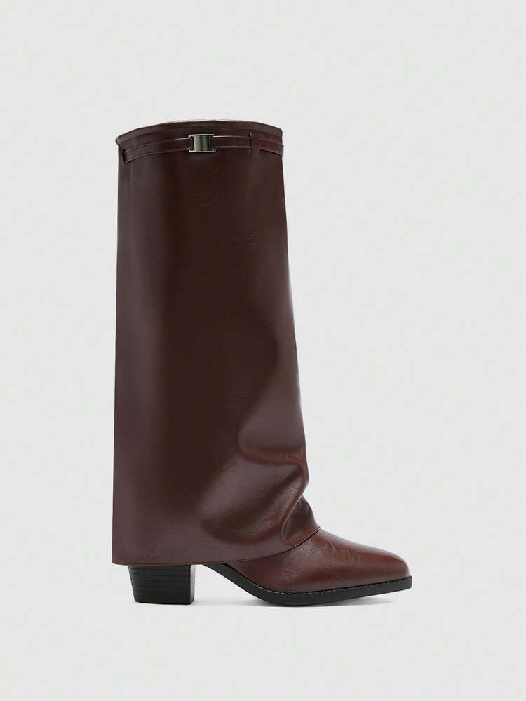 CUCCOO BIZCHIC Women's Coffee Color Square Toe Thick Heel Tall Shaft Boots, Minimalist Commuter Style Knee-High Boots For Christmas Spring Shoes