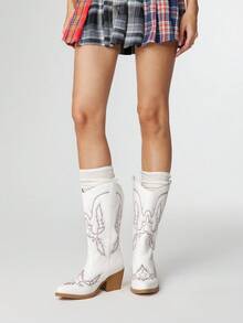 ROMWE Fairycore 1 Pair Women's Embroidered Chunky Heel Western Boots, Fashion Versatile Pointed Toe Mid-Calf Boots, All Season - White - View 2