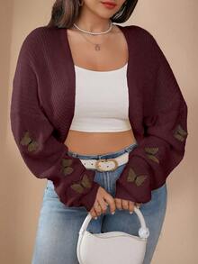 SHEIN LUNE Plus Size Women Solid Color Knitted Butterfly Embroidered Short Cardigan, Fashionable And Versatile For Autumn/Winter - Burgundy - View 1