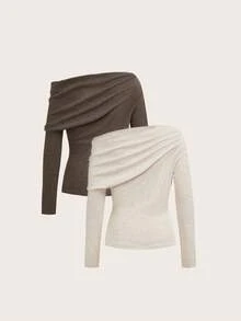 Aloruh 2 chiếc áo phông bất đối xứng thường ngày dành cho nữ có nút thắt xoắn, áo phông dài tay màu trơn để mặc hàng ngày, đi làm, ở nhà, cổ điển, cô gái dịu dàng, trở lại trường, tủ đồ mùa thu; đơn giản, thời trang; ấm cúng, sang trọng - Nhiều màu - Xem 9
