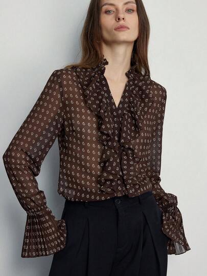 Aveloria Modichic Elegant Oversized Paisley & Cashew Flower Print Chiffon Layered Ruffle Collar Front Button Blouse, Vintage Style For Women