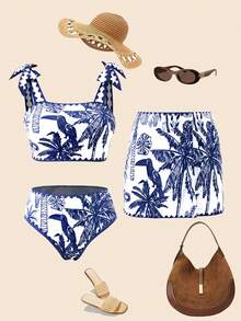 Swim Oasis Women's Blue & White Tropical Bird, Palm Tree, Zig Zag Print Swimsuit Set, Beach Holiday Casual Boho Style Blue & White Bikini With Sarong Skirt Set - Blue and White - View 1