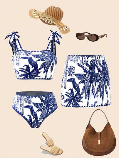 Swim Oasis Women's Blue & White Tropical Bird, Palm Tree, Zig Zag Print Swimsuit Set, Beach Holiday Casual Boho Style Blue & White Bikini With Sarong Skirt Set