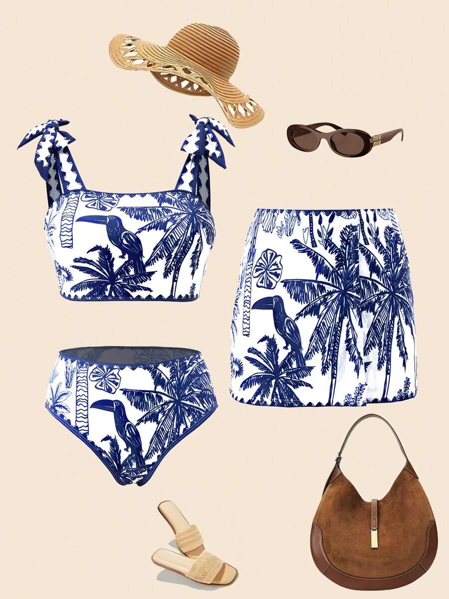 Swim Oasis Women's Blue & White Tropical Bird, Palm Tree, Zig Zag Print Swimsuit Set, Beach Holiday Casual Boho Style Blue & White Bikini With Sarong Skirt Set - Blue and White - View 1