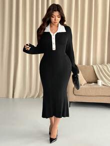 Vionelle Color Block Collar Plus Size Sweater Dress, Fitted Slim Waist Knit Midi Skirt, Autumn/Winter Plus Size Black And White Dress Plus Long Dress Curvy Dress Women Plus Dress 8xl Women Clothes - Black - View 5