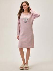 Loomlin Camicia da notte in 100% cotone con stampa a quadri e grafica con slogan, spalle scoperte - Giallo - Visualizzare 3