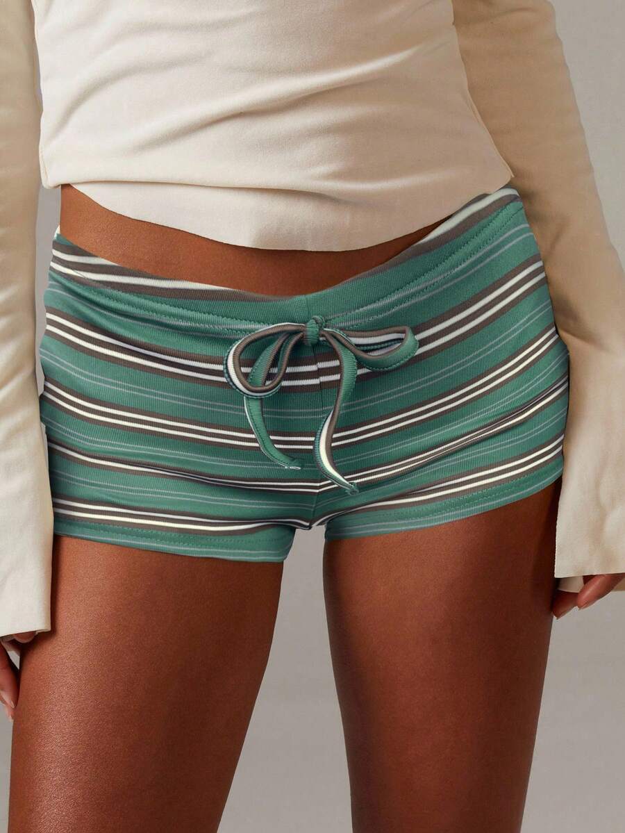 Athîral Striped Print Knotted Casual Fashionable Shorts, Suitable For Summer - Green - View 1