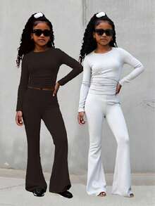 Tween Girl) Casual All-Match Versatile Daily Wear Crew Neck Short Long Sleeve Top + Flare Leggings Tight Knit Autumn/Winter 3 Pieces Set - Multicolor - View 1