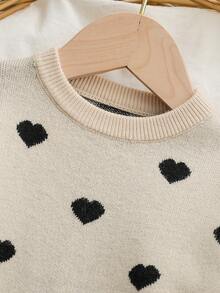 SHEIN Baby Girl Casual Heart Pattern Knit Sweater And Pants Set, Autumn/Winter Baby Set Autumn Winter Season Baby Girl Heart Outfit Baby Girl Sweaters Set Two Piece Winter Outfits For Toddler Girl Toddler Outfit Sets - Khaki - View 3